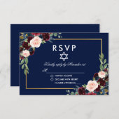 バルミツワーブルガンディブルーフローラ金ゴールドRSVP 出欠カード (正面/裏面)