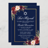 バルミツワーブルゴーニュフローラブルー金ゴールド招待状 招待状 (正面/裏面)