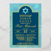 バルミツワーブルーオパールスターオブデイヴィッドグラム金ゴールド 箔招待状 (正面)