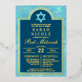 バルミツワーブルーオパールスターオブデイヴィッドグラム金ゴールド 箔招待状