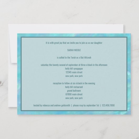 バルミツワーブルーオパール水彩写真コラージュ 招待状 (裏面)