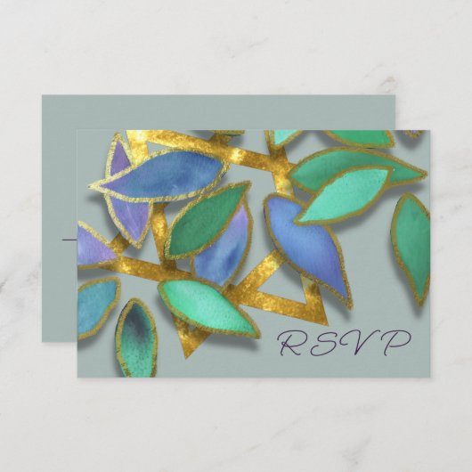 バルミツワーブルーグリーンウォーター花びらオーバースター 招待状 (正面/裏面)