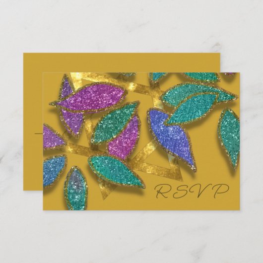 バルミツワーブルーパープルグリーングリッタリー花びらスター 招待状 (正面/裏面)