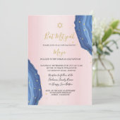 バルミツワーブルーピンク金ゴールドユダヤ 招待状 (スタンド正面)