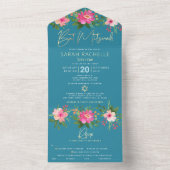 バルミツワーブルー金ゴールド型フローラ水彩パーティー オールインワン招待状 (内側)