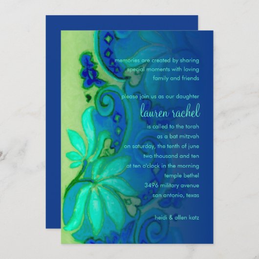 バルミツワーブルー&アクアフローラ 招待状 (正面/裏面)