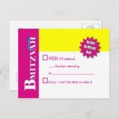 バルミツワーマガジンRSVP返信カードイエローピンク インビテーションポストカード (正面/裏面)