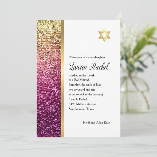 バルミツワーマゼンタピンクと金ゴールドの輝き 招待状 (スタンド正面)