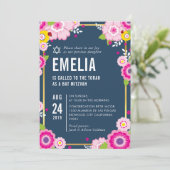 バルミツワーモダンはっきりしたフローラ鮮やかなネイビーピンク 招待状 (スタンド正面)