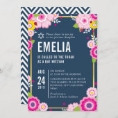 バルミツワーモダンはっきりしたフローラ鮮やかなネイビーピンク 招待状 (正面/裏面)