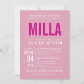 バルミツワーモダンはっきりしたブロック型かわいらしピンク 招待状 (正面)