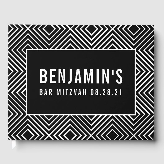 バルミツワーモダンはっきりした幾何模様ブラック ゲストブック (正面)