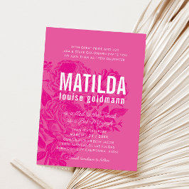 バルミツワーモダンエレガントバラかわいらしピンク 招待状