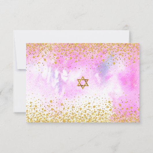 バルミツワーモダンガーリー金ゴールド箔ピンク色 出欠カード (裏面)