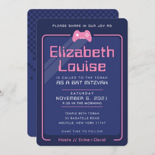 バルミツワーモダンゲーミングはネイビーブルーピンク 招待状 (正面/裏面)