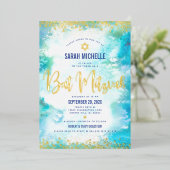 バルミツワーモダンターコイズ水実在色金ゴールド 箔招待状 (立ち正面)