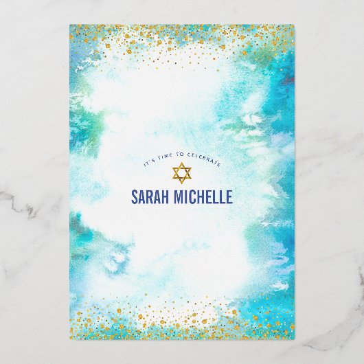 バルミツワーモダンターコイズ水実在色金ゴールド 箔招待状 (裏面)