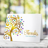 バルミツワーモダンティール（緑がかった色）と金箔の生命の木 サンキューカード