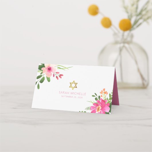 バルミツワーモダンピンクフローラウォータースタイリッシュカラー プレイスカード (裏面)