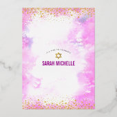 バルミツワーモダンピンク色のガーリー実在金ゴールド 箔招待状 (裏面)