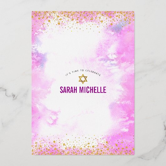 バルミツワーモダンピンク色のガーリー実在金ゴールド 箔招待状 (裏面)