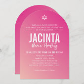 バルミツワーモダン星かわいらしピンク色 招待状 (正面/裏面)