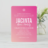 バルミツワーモダン星暗い赤紫色ピンク色 招待状 (スタンド正面)