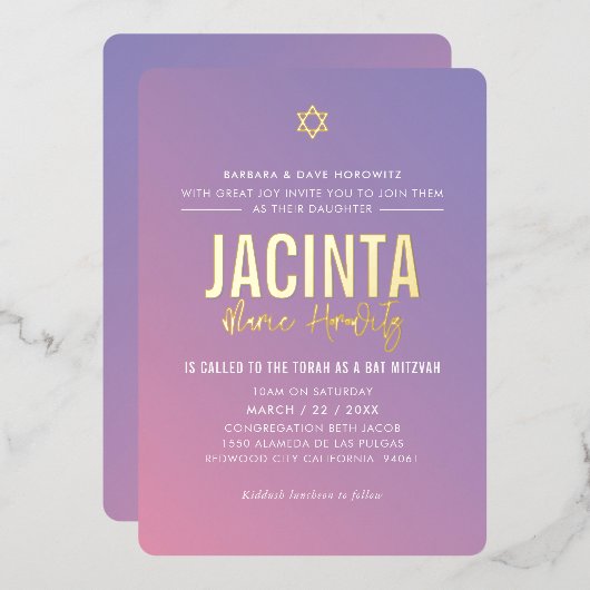 バルミツワーモダン星紫色のグラデーション 箔招待状 (正面/裏面)