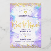 バルミツワーモダン紫色の水実在色金ゴールド 箔招待状 (正面)
