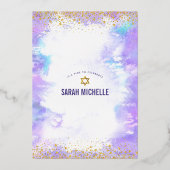 バルミツワーモダン紫色の水実在色金ゴールド 箔招待状 (裏面)