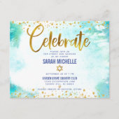 バルミツワーモダン金ゴールド箔ターコイズ水彩 エンクロージャーカード (正面)