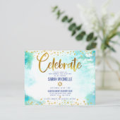 バルミツワーモダン金ゴールド箔ターコイズ水彩 エンクロージャーカード (スタンド正面)