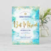 バルミツワーモダン金ゴールド箔ターコイズ水彩 招待状 (スタンド正面)