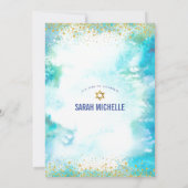 バルミツワーモダン金ゴールド箔ターコイズ水彩 招待状 (裏面)