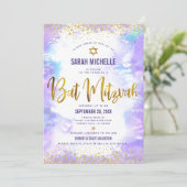 バルミツワーモダン金ゴールド箔パープルウォーター色 招待状 (スタンド正面)