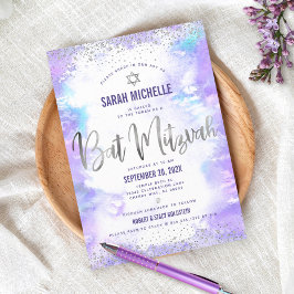 バルミツワーモダン銀箔パープルウォーター色 招待状