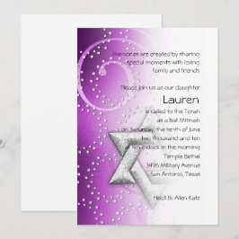 バルミツワーラズベリーきらめくスターオブデイビッド 招待状