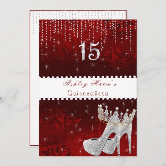 バルミツワーレッドサテンプリンセスクラウンダイアモンズインヴィ 招待状 (正面/裏面)