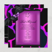 バルミツワーワイルドピンクパープルバタフライ 招待状 (正面/裏面)