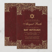 バルミツワーヴィンテージブエレガントルガンディレッド金ゴールド星 招待状 (正面/裏面)