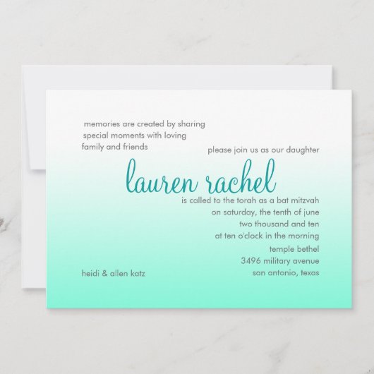 バルミツワー任意の色とアクアグラデーシグラデーションョン 招待状 (正面)