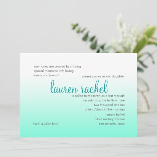 バルミツワー任意の色とアクアグラデーシグラデーションョン 招待状 (スタンド正面)