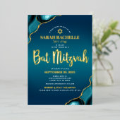 バルミツワー台本ターコイズグラデーションゲート実在金ゴールド 箔招待状 (立ち正面)