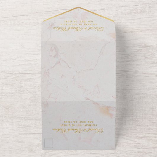 バルミツワー大理石フェイク金ゴールドスターエレガントスクリプト オールインワン招待状 (外側)