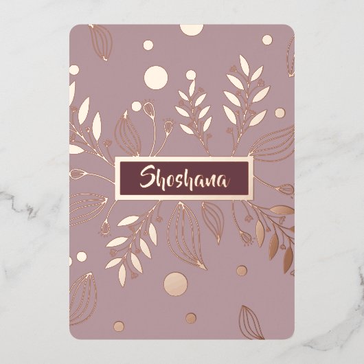 バルミツワー実在バラ金ゴールドモダンフローラ 箔招待状 (正面)