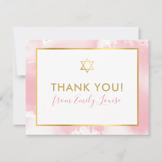 バルミツワー感謝していユー金ゴールドスターピンク水色 サンキューカード (正面)