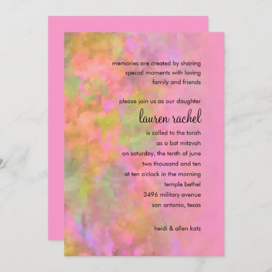 バルミツワー抽象デザインインピンク 招待状 (正面/裏面)