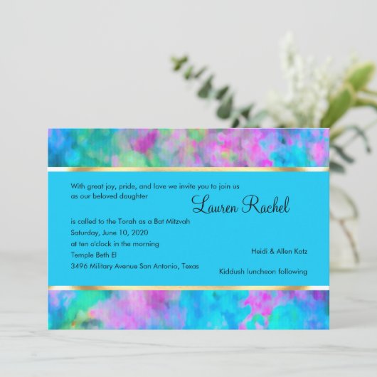 バルミツワー抽象芸術ターコイズブルーピンクアクア 招待状 (スタンド正面)