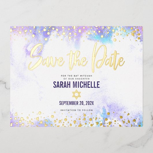 バルミツワー救伊達紫水彩実在金ゴールド 箔招待状ポストカード (正面)