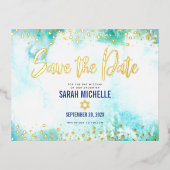 バルミツワー救日付ターコイズ水彩金ゴールド 箔招待状ポストカード (正面)